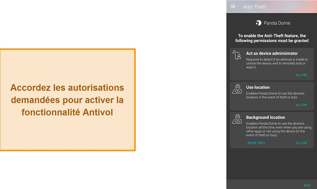 Capture d'écran des autorisations de la fonctionnalité anti-vol de Panda Dome
