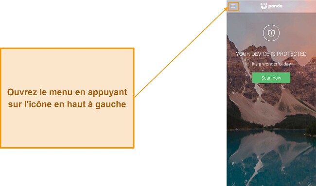 Capture d'écran de l'ouverture du menu principal de Panda Dome